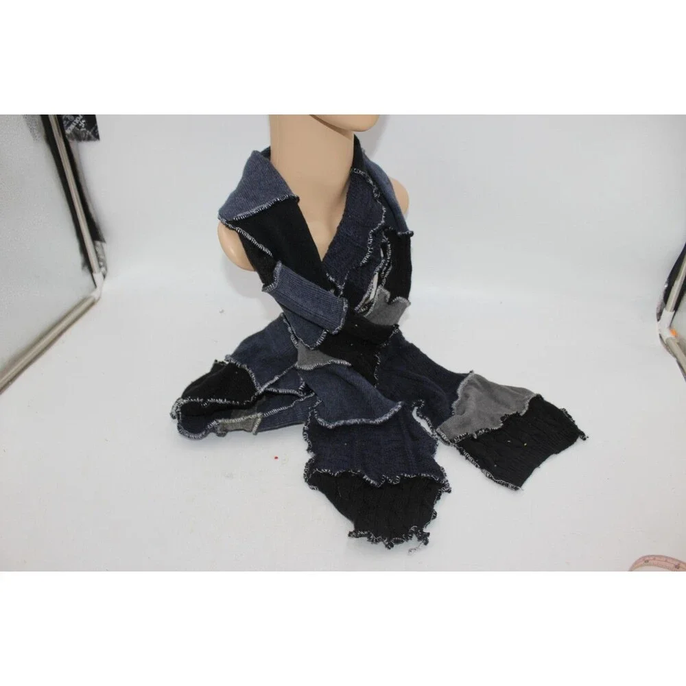 Scarf Upcycled Black Blue Gray Sweaters Winter Scarf Soft Warm 8' Long Handmade